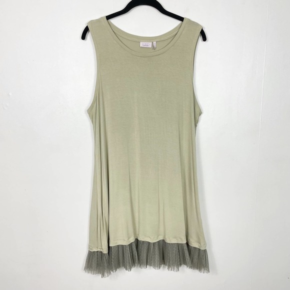 LOGO by Lori Goldstein Tops - LOGO Layers Pale Green Swiss Dot Mesh Lace Trim Sleeveless Long Length Tunic Top